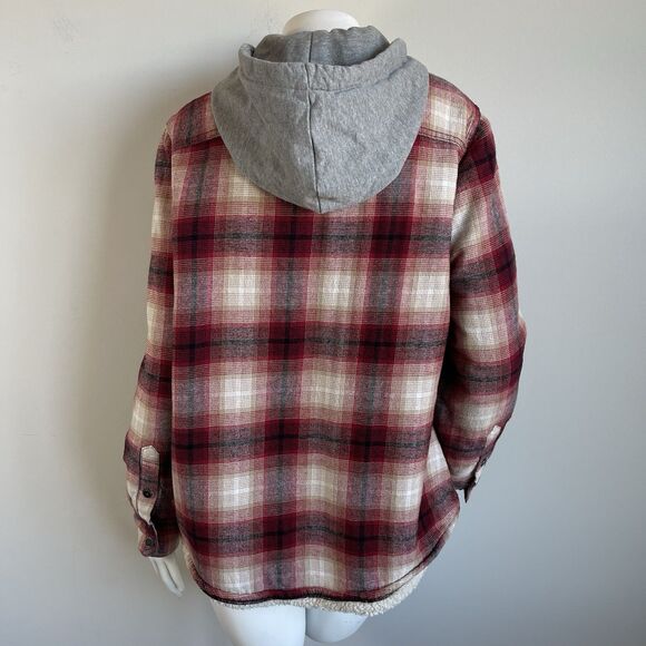 Natural Reflections Sherpa Lined Hoodie Shirt Jacket Womens L Red Plaid Flannel - Picture 7 of 16